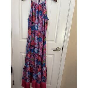 London Times Sun Dress Maxi Length Multicolor Tropical Print Sz 12